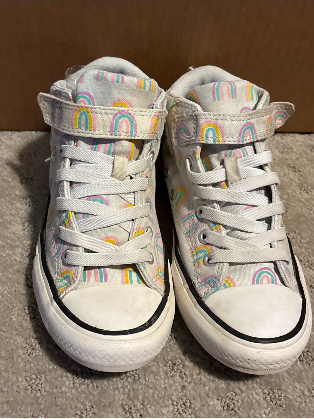 Converse Kids White High-Top Sneakers with Pastel Rainbow Arches Size 3